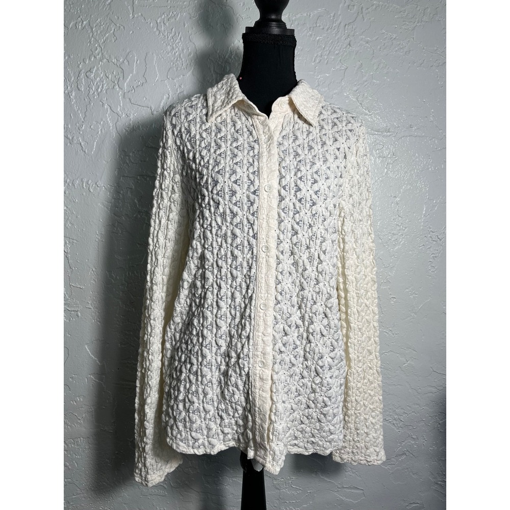Aaron & Amber Ivory Textured Lace Button Down Shirt L Romantic Boho